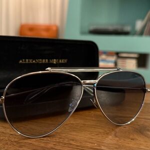 Alexander McQueen Silver Aviator Sunglasses w/ Case